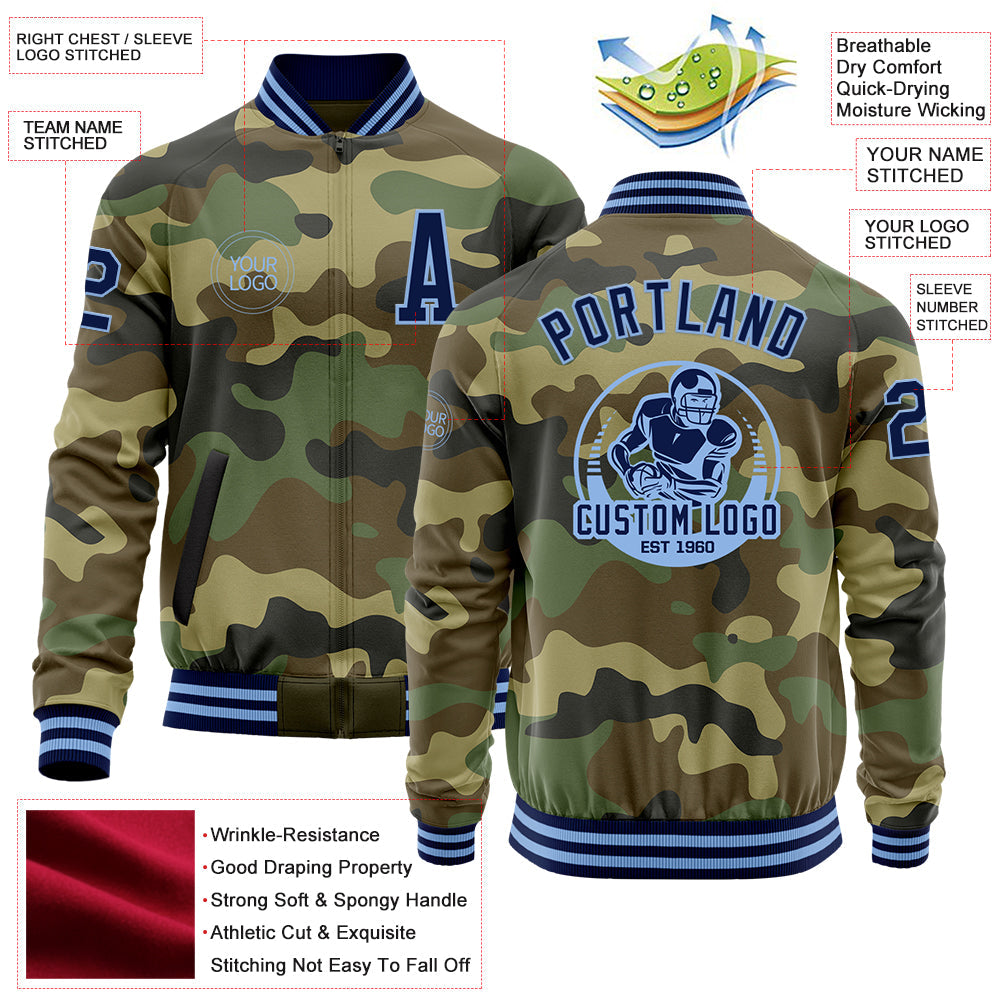 Custom Camo Navy-Light Blue Bomber Varsity Letterman Salute To Service Zipper Jacket view 4