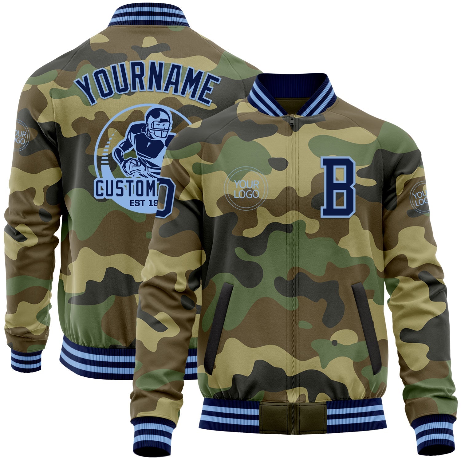 Custom Camo Navy-Light Blue Bomber Varsity Letterman Salute To Service Zipper Jacket - Main View