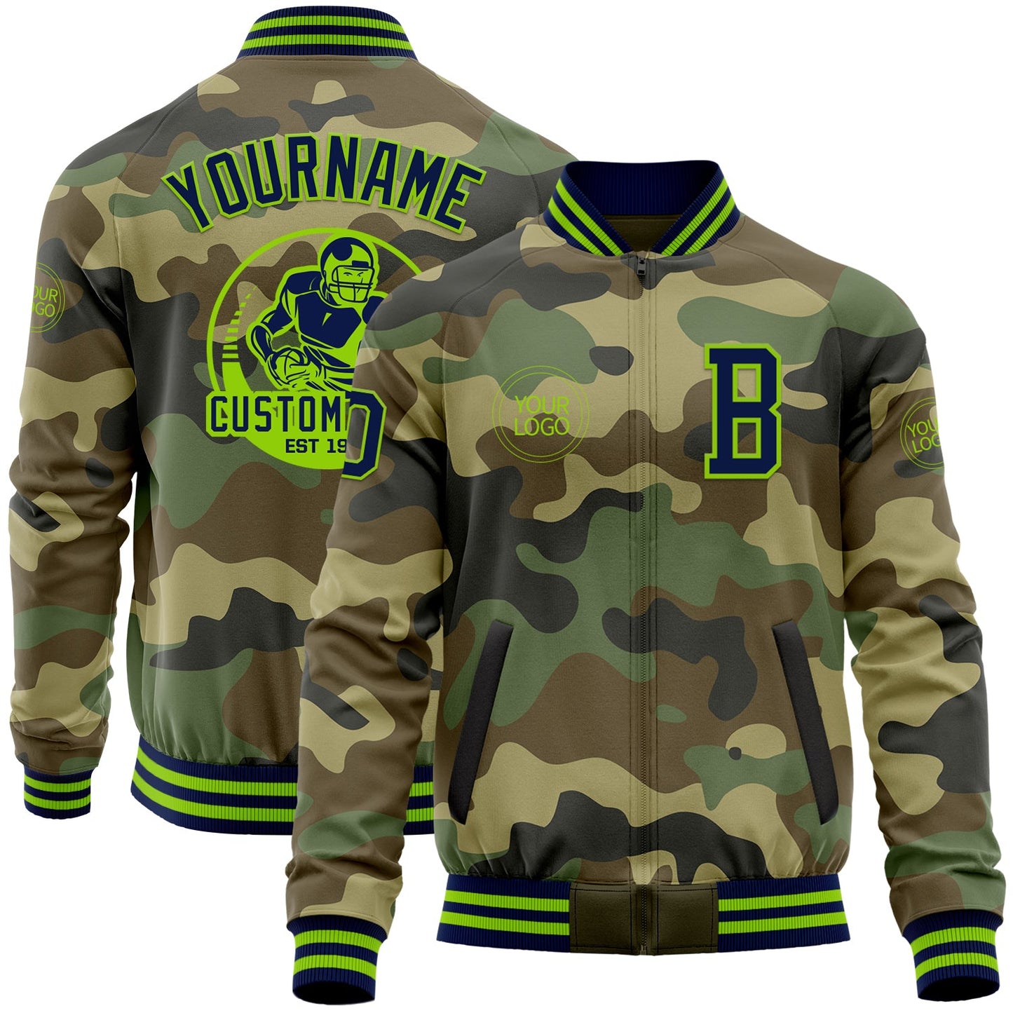 Custom Camo Navy-Neon Green Bomber Varsity Letterman Salute To Service Zipper Jacket - Main View