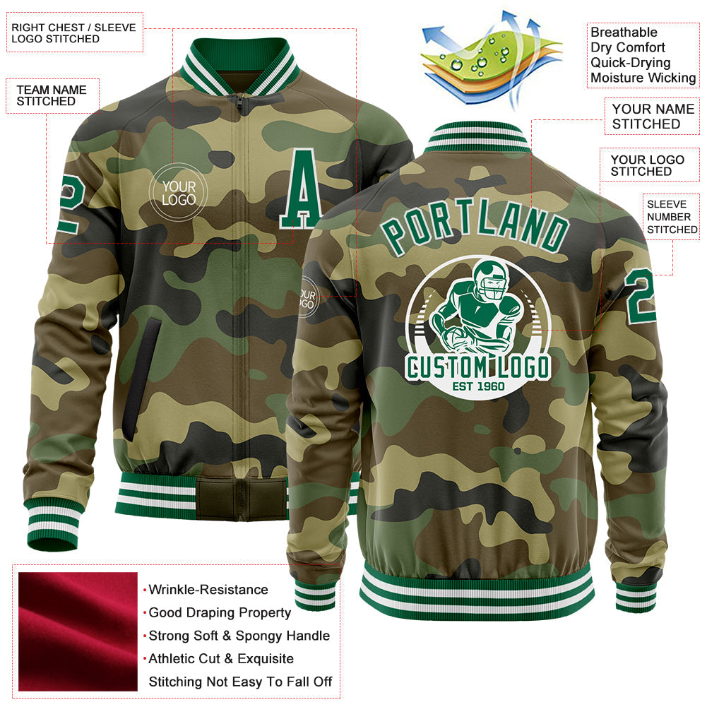Custom Camo Kelly Green-White Bomber Varsity Letterman Salute To Service Zipper Jacket view 4