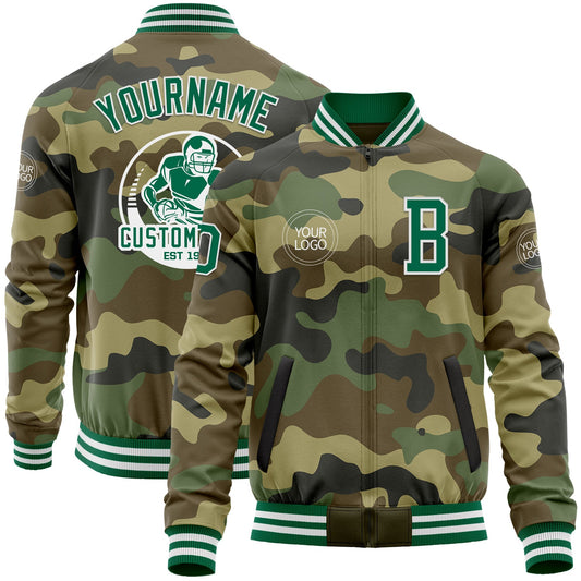 Custom Camo Kelly Green-White Bomber Varsity Letterman Salute To Service Zipper Jacket - Main View