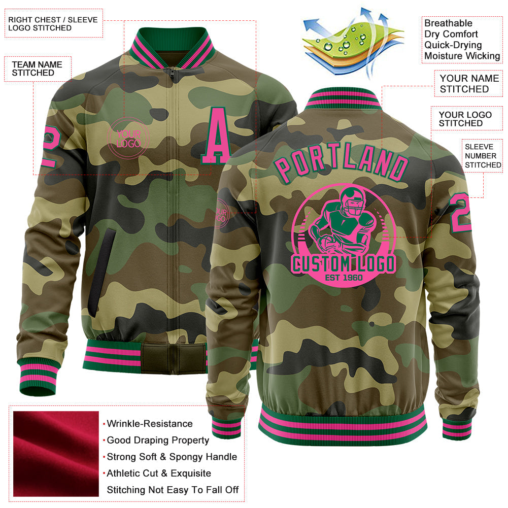 Custom Camo Pink-Kelly Green Bomber Varsity Letterman Salute To Service Zipper Jacket view 4