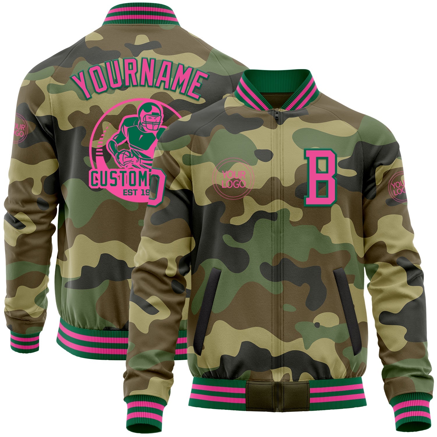 Custom Camo Pink-Kelly Green Bomber Varsity Letterman Salute To Service Zipper Jacket - Main View