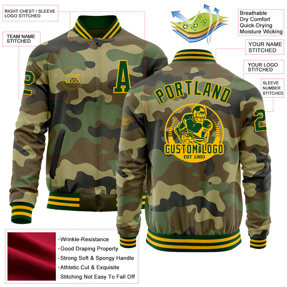 Custom Camo Green-Gold Bomber Varsity Letterman Salute To Service Zipper Jacket view 4