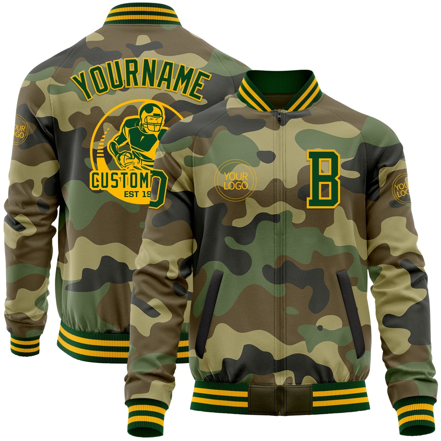 Custom Camo Green-Gold Bomber Varsity Letterman Salute To Service Zipper Jacket - Main View
