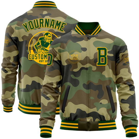 Custom Camo Green-Gold Bomber Varsity Letterman Salute To Service Zipper Jacket - Main View