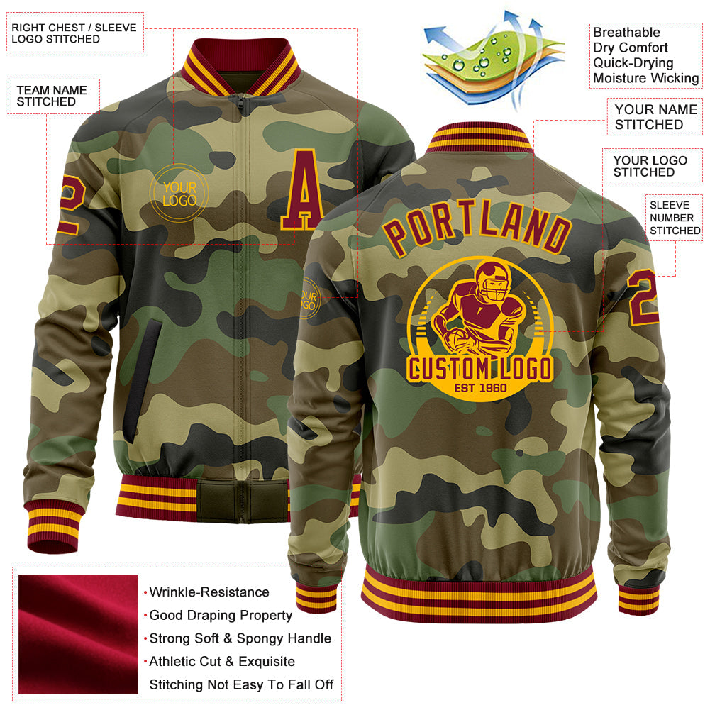 Custom Camo Crimson-Gold Bomber Varsity Letterman Salute To Service Zipper Jacket view 4