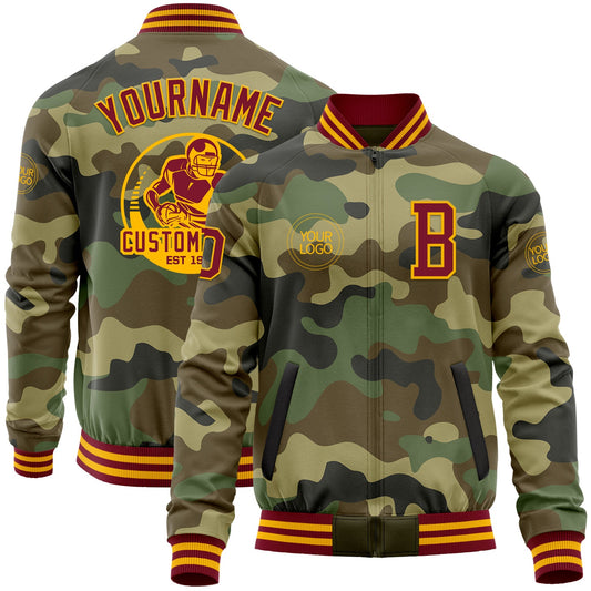 Custom Camo Crimson-Gold Bomber Varsity Letterman Salute To Service Zipper Jacket - Main View