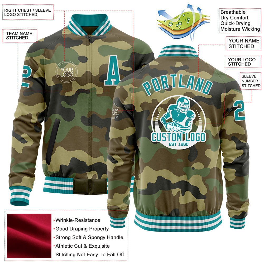Custom Camo Teal-White Bomber Varsity Letterman Salute To Service Zipper Jacket view 4