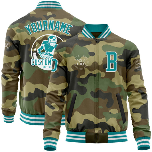 Custom Camo Teal-White Bomber Varsity Letterman Salute To Service Zipper Jacket - Main View
