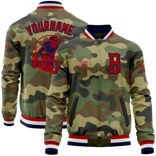 Custom Camo Red-Navy Bomber Varsity Letterman Salute To Service Zipper Jacket - Main View