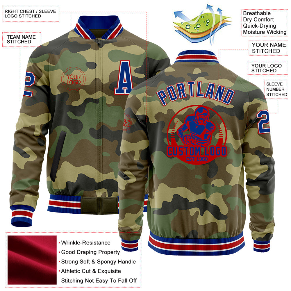 Custom Camo Royal-Red Bomber Varsity Letterman Salute To Service Zipper Jacket view 4