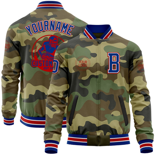Custom Camo Royal-Red Bomber Varsity Letterman Salute To Service Zipper Jacket - Main View