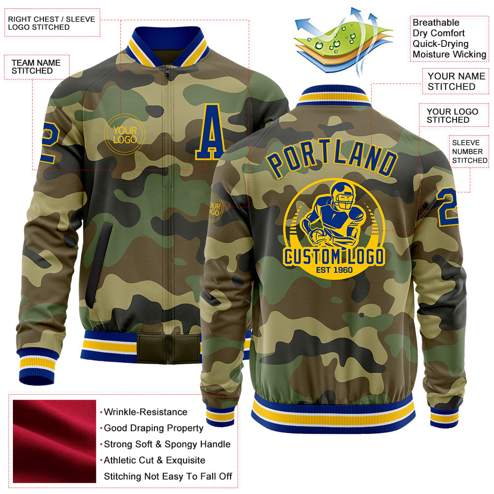 Custom Camo Royal-Yellow Bomber Varsity Letterman Salute To Service Zipper Jacket view 4