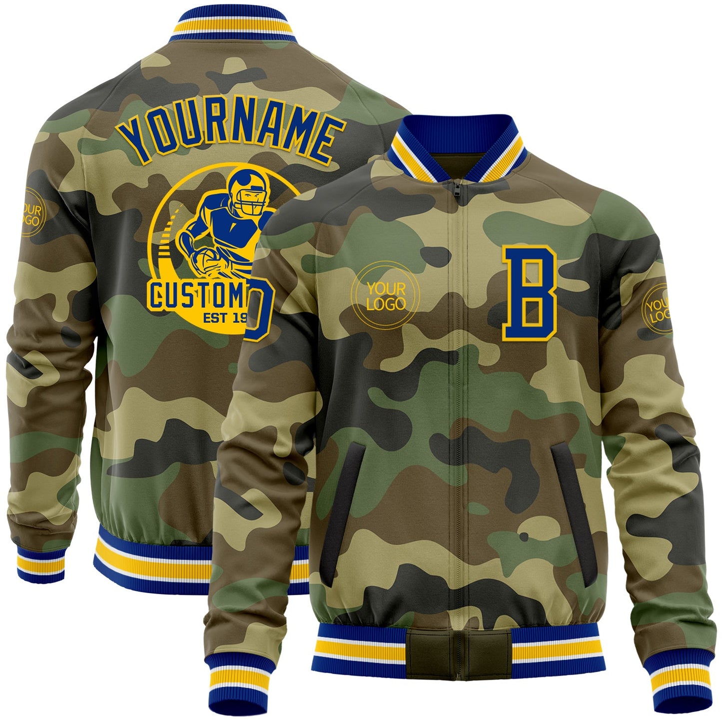 Custom Camo Royal-Yellow Bomber Varsity Letterman Salute To Service Zipper Jacket - Main View