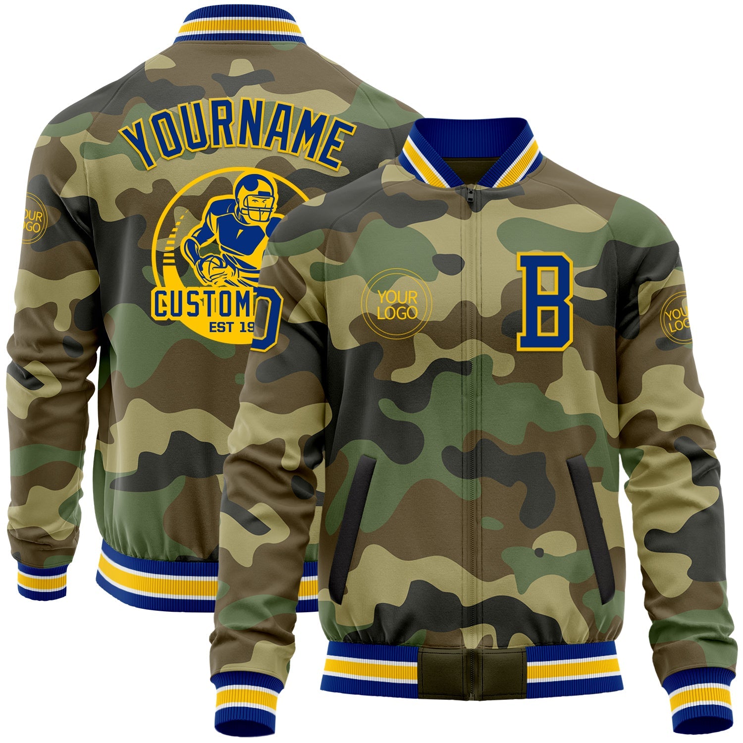 Custom Camo Royal-Yellow Bomber Varsity Letterman Salute To Service Zipper Jacket - Main View