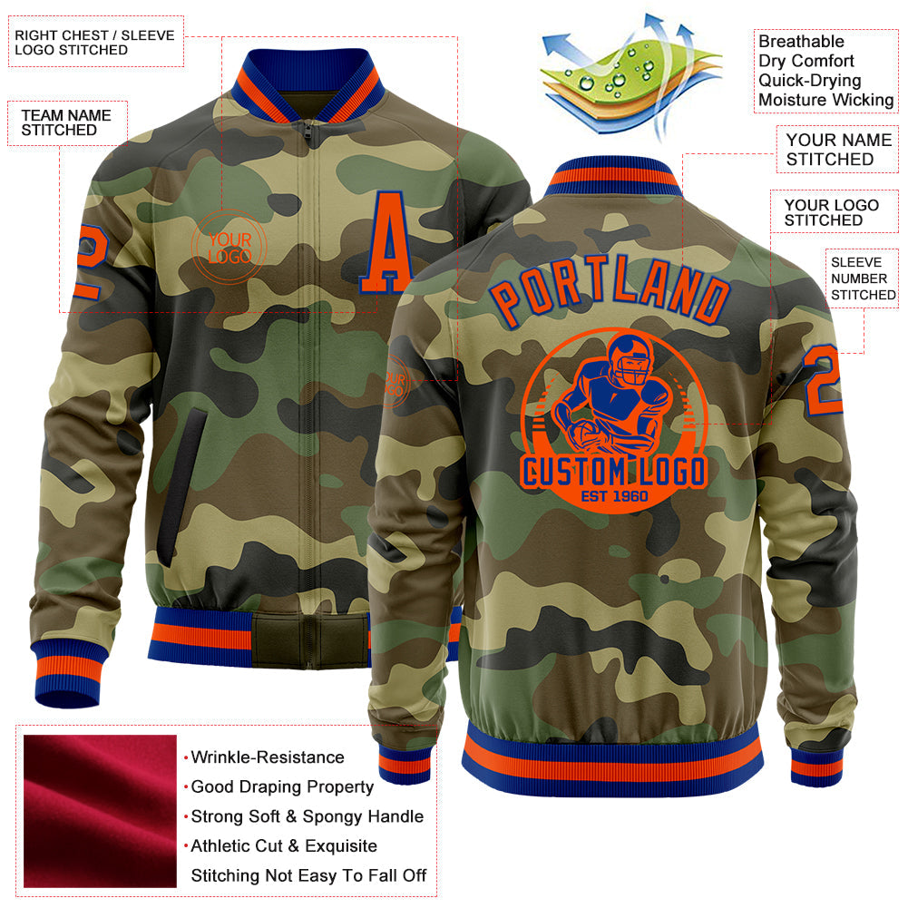 Custom Camo Orange-Royal Bomber Varsity Letterman Salute To Service Zipper Jacket view 4