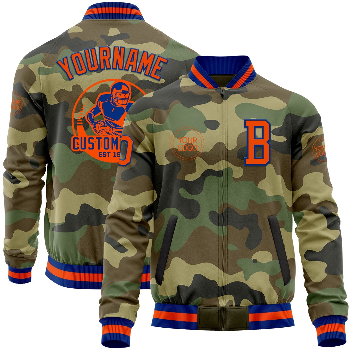 Custom Camo Orange-Royal Bomber Varsity Letterman Salute To Service Zipper Jacket - Main View