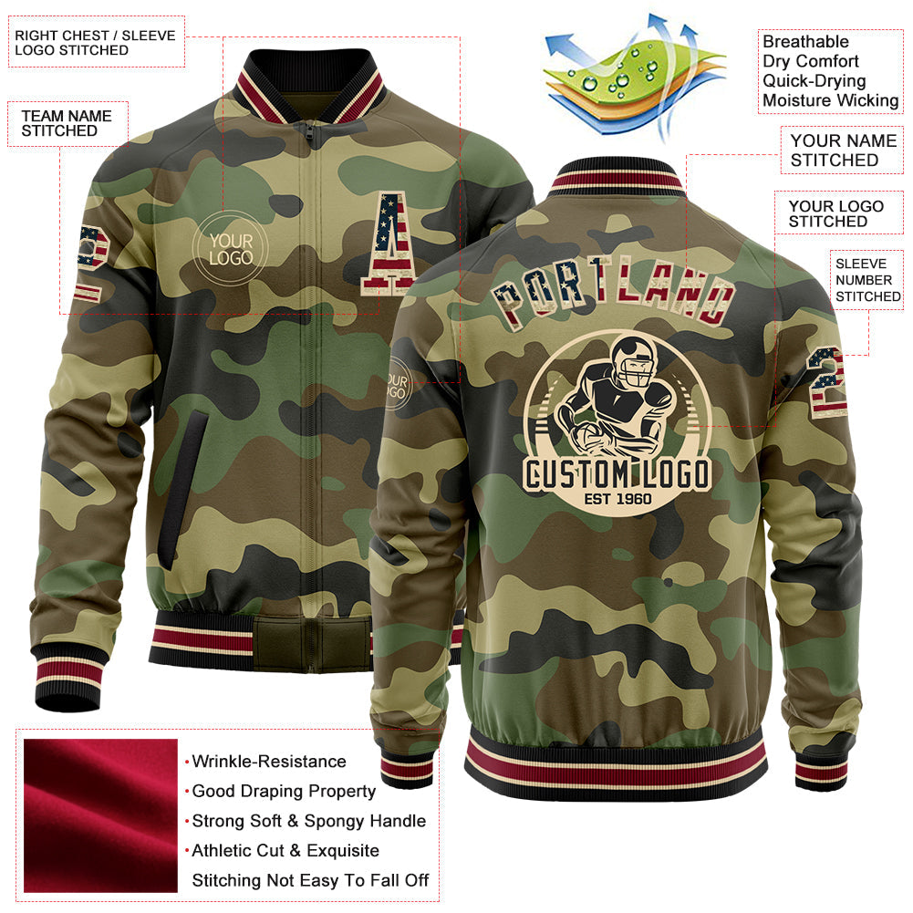 Custom Camo Vintage USA Flag City Cream Crimson-Black Bomber Varsity Letterman Salute To Service Zipper Jacket view 4
