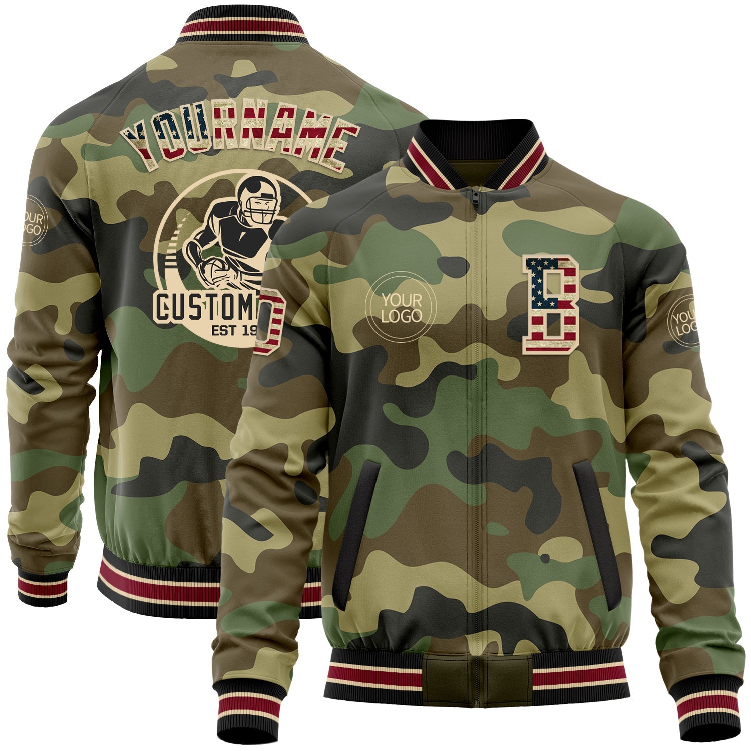 Custom Camo Vintage USA Flag City Cream Crimson-Black Bomber Varsity Letterman Salute To Service Zipper Jacket - Main View
