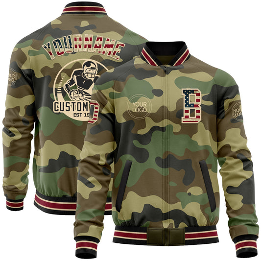 Custom Camo Vintage USA Flag City Cream Crimson-Black Bomber Varsity Letterman Salute To Service Zipper Jacket - Main View