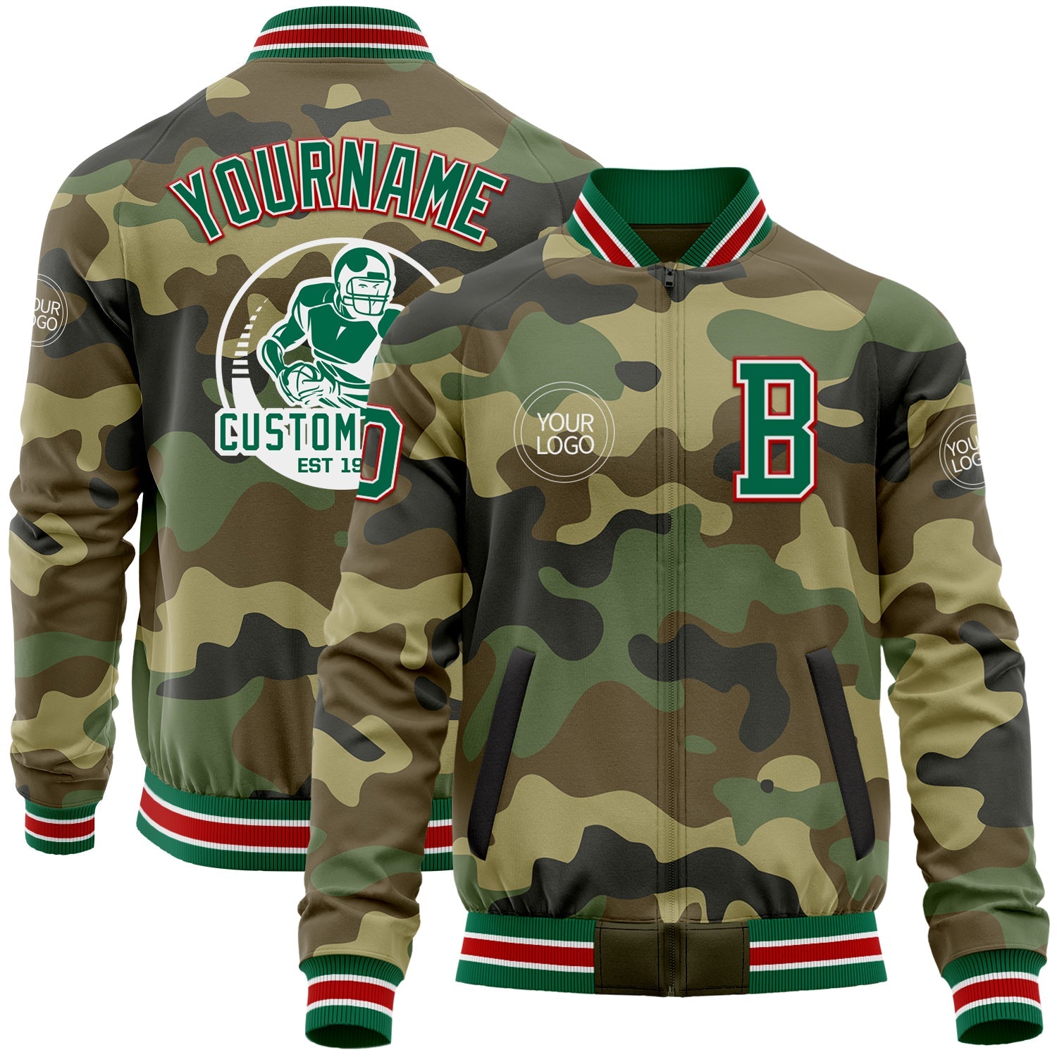 Custom Camo Kelly Green-Red Bomber Varsity Letterman Salute To Service Zipper Jacket - Main View