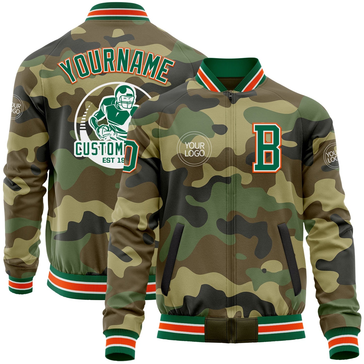 Custom Camo Kelly Green-Orange Bomber Varsity Letterman Salute To Service Zipper Jacket - Main View