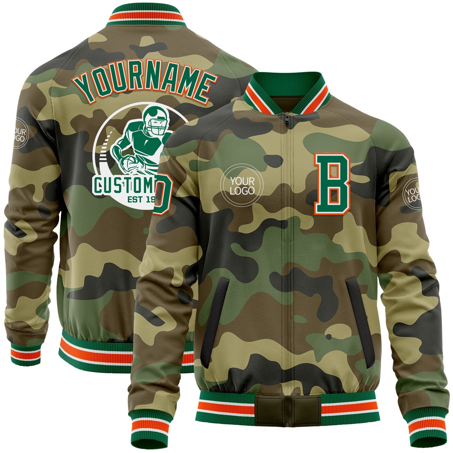 Custom Camo Kelly Green-Orange Bomber Varsity Letterman Salute To Service Zipper Jacket - Main View