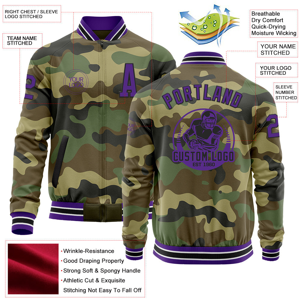 Custom Camo Purple-Black Bomber Varsity Letterman Salute To Service Zipper Jacket view 4