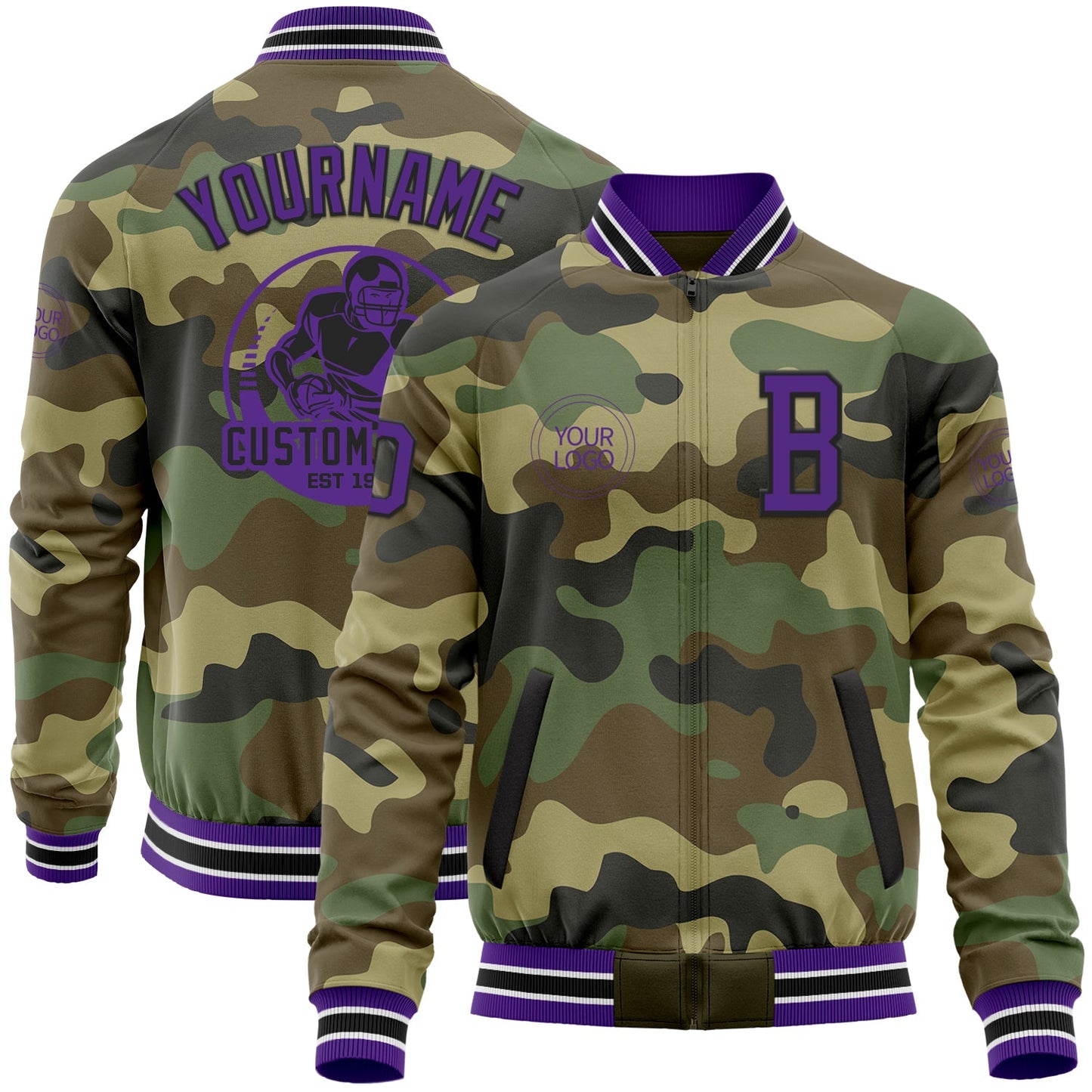 Custom Camo Purple-Black Bomber Varsity Letterman Salute To Service Zipper Jacket - Main View