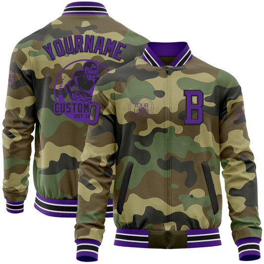Custom Camo Purple-Black Bomber Varsity Letterman Salute To Service Zipper Jacket - Main View