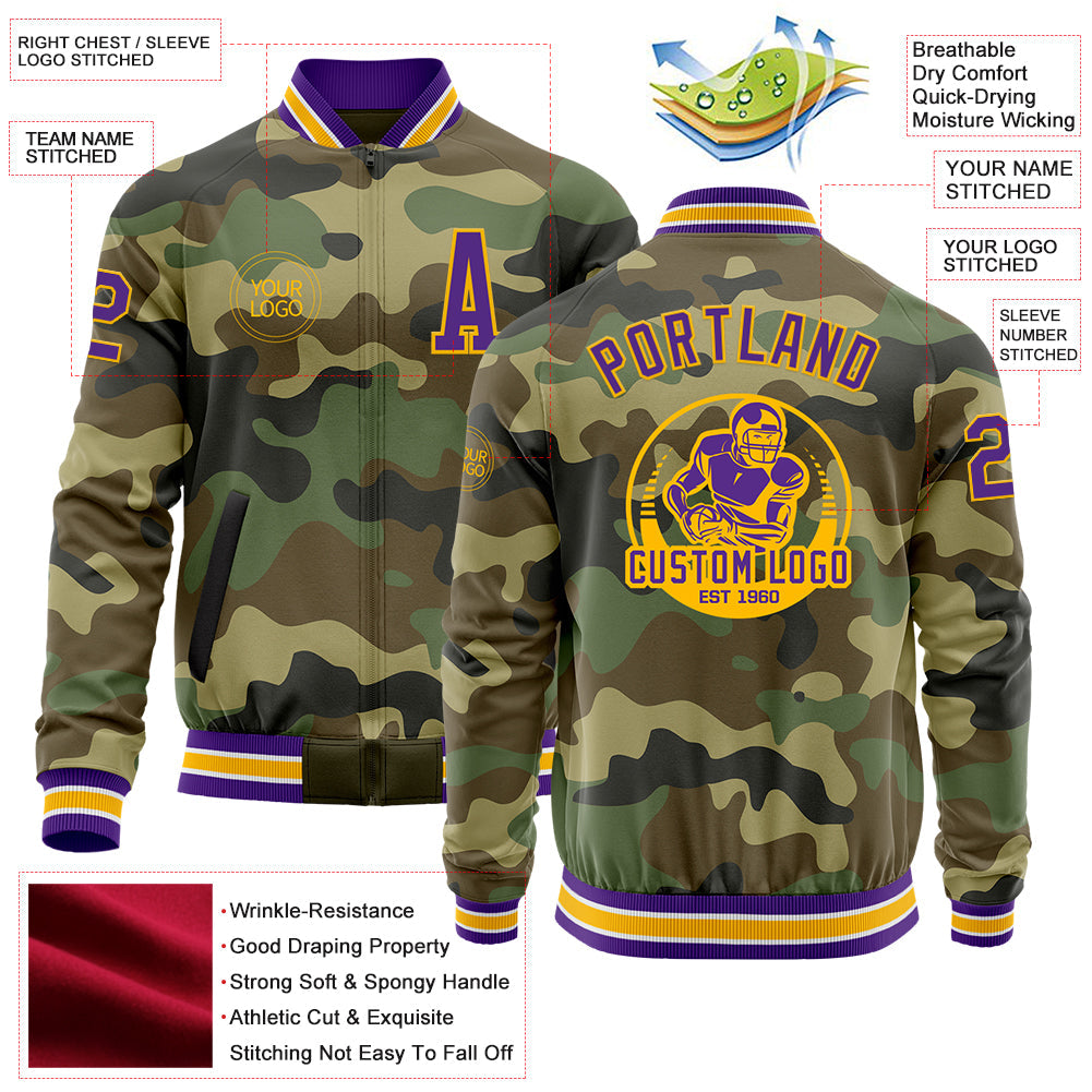 Custom Camo Purple-Gold Bomber Varsity Letterman Salute To Service Zipper Jacket view 4