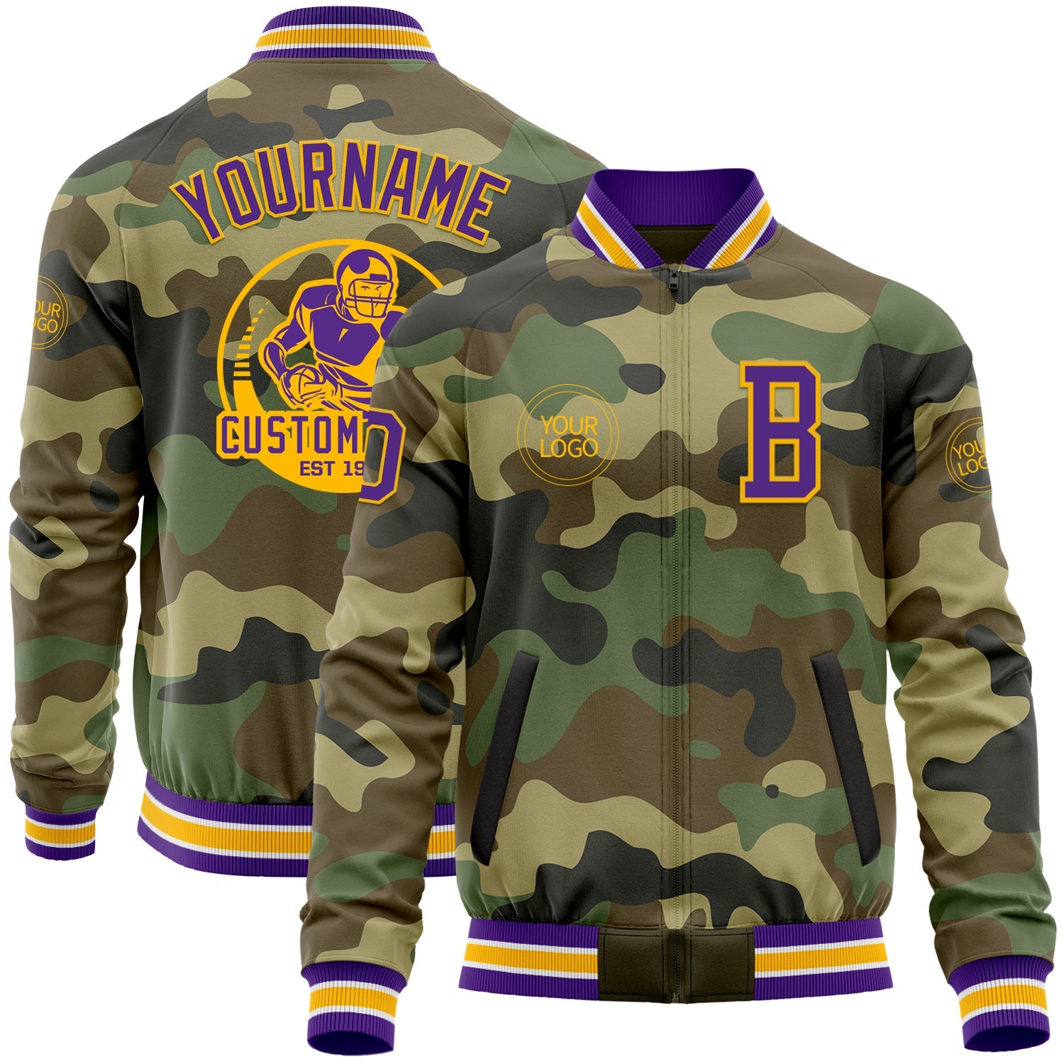 Custom Camo Purple-Gold Bomber Varsity Letterman Salute To Service Zipper Jacket - Main View