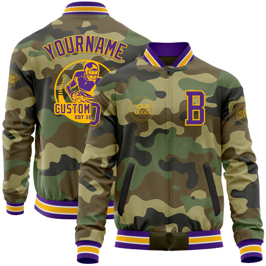 Custom Camo Purple-Gold Bomber Varsity Letterman Salute To Service Zipper Jacket - Main View