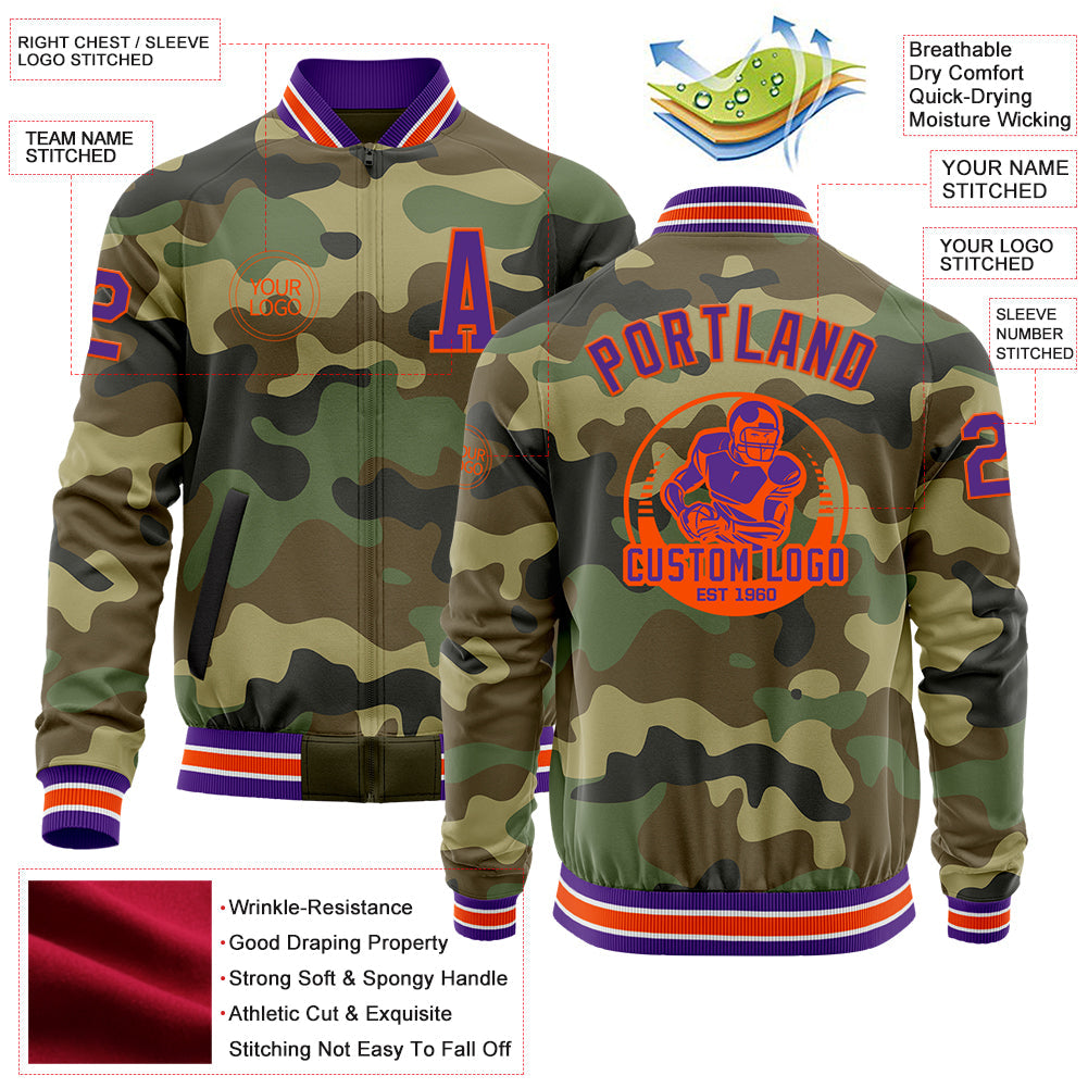 Custom Camo Purple-Orange Bomber Varsity Letterman Salute To Service Zipper Jacket view 4