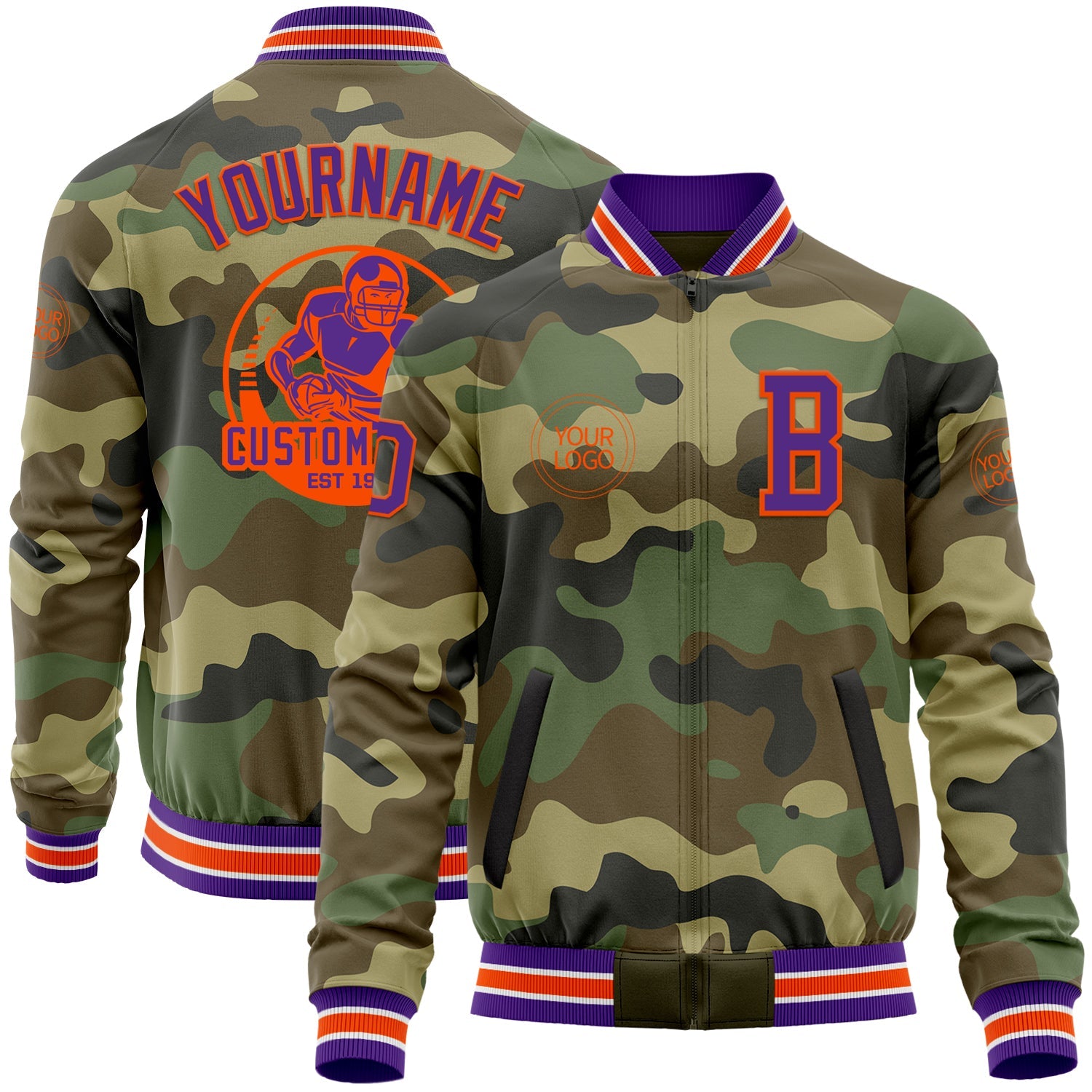 Custom Camo Purple-Orange Bomber Varsity Letterman Salute To Service Zipper Jacket - Main View