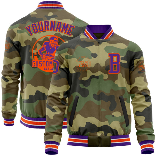 Custom Camo Purple-Orange Bomber Varsity Letterman Salute To Service Zipper Jacket - Main View