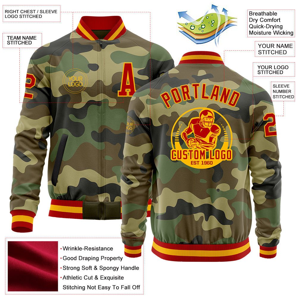 Custom Camo Red-Gold Bomber Varsity Letterman Salute To Service Zipper Jacket view 4