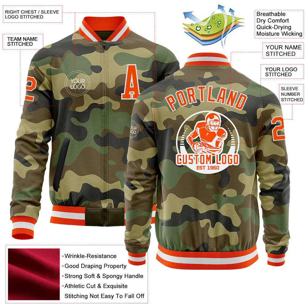 Custom Camo Orange-White Bomber Varsity Letterman Salute To Service Zipper Jacket view 4
