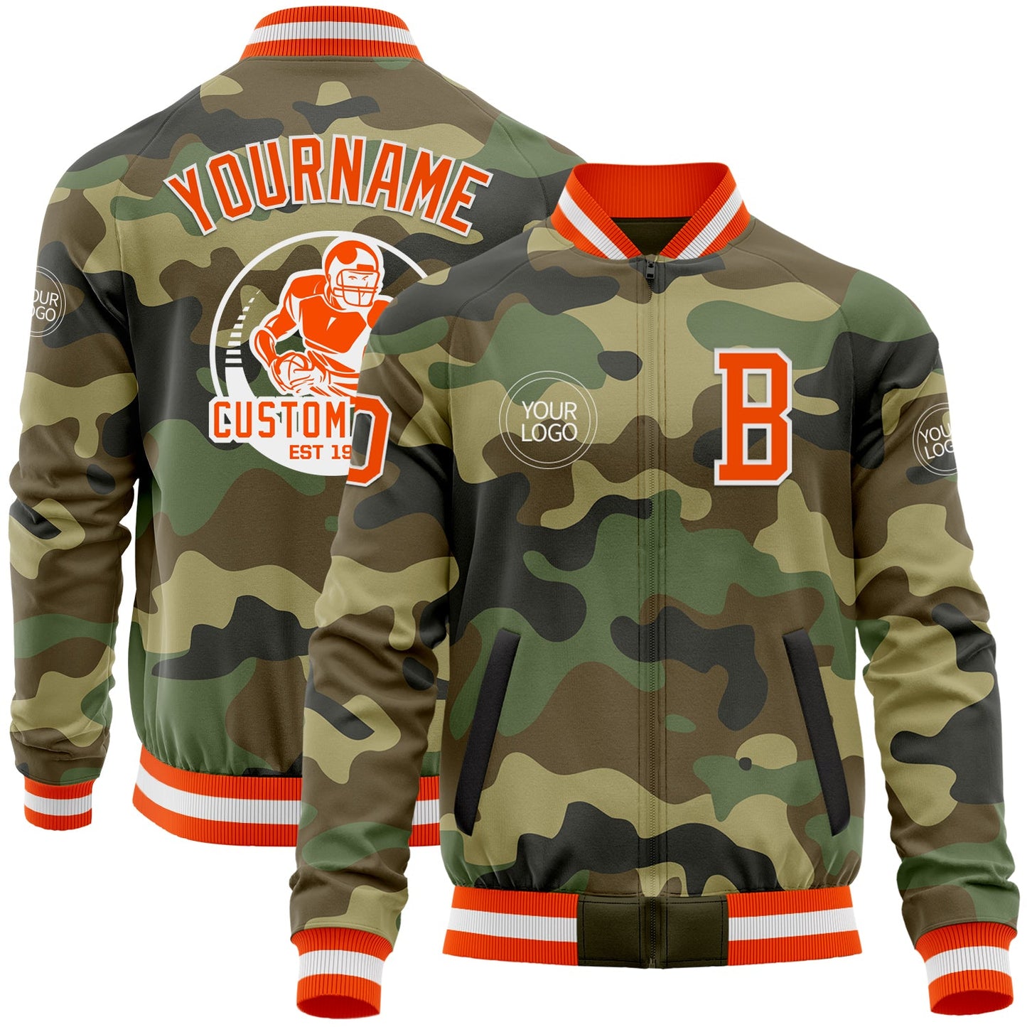 Custom Camo Orange-White Bomber Varsity Letterman Salute To Service Zipper Jacket - Main View