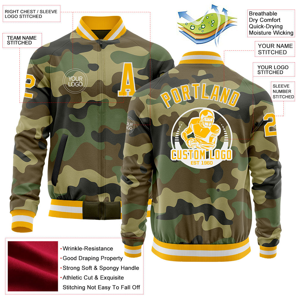 Custom Camo Gold-White Bomber Varsity Letterman Salute To Service Zipper Jacket view 4