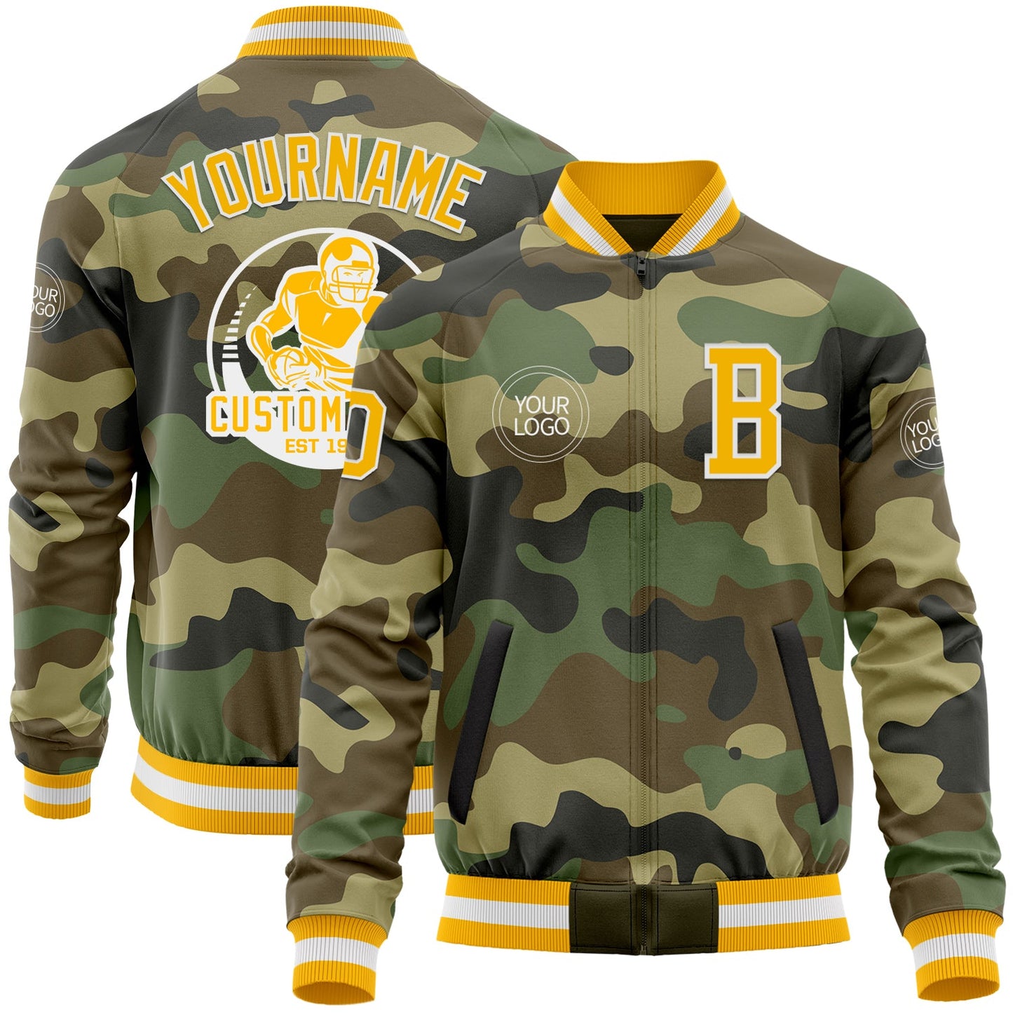 Custom Camo Gold-White Bomber Varsity Letterman Salute To Service Zipper Jacket - Main View