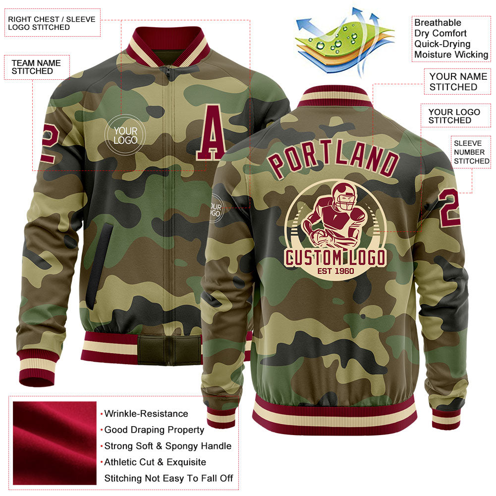Custom Camo Maroon-Cream Bomber Varsity Letterman Salute To Service Zipper Jacket view 4