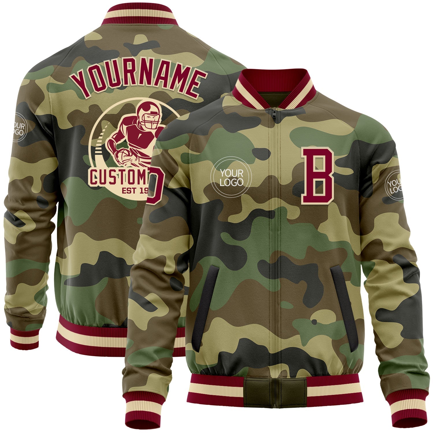 Custom Camo Maroon-Cream Bomber Varsity Letterman Salute To Service Zipper Jacket - Main View