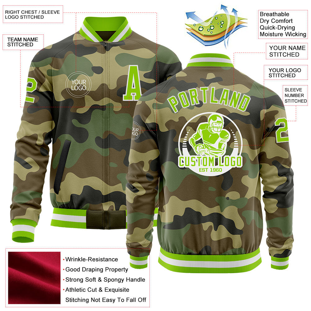 Custom Camo Neon Green-White Bomber Varsity Letterman Salute To Service Zipper Jacket view 4