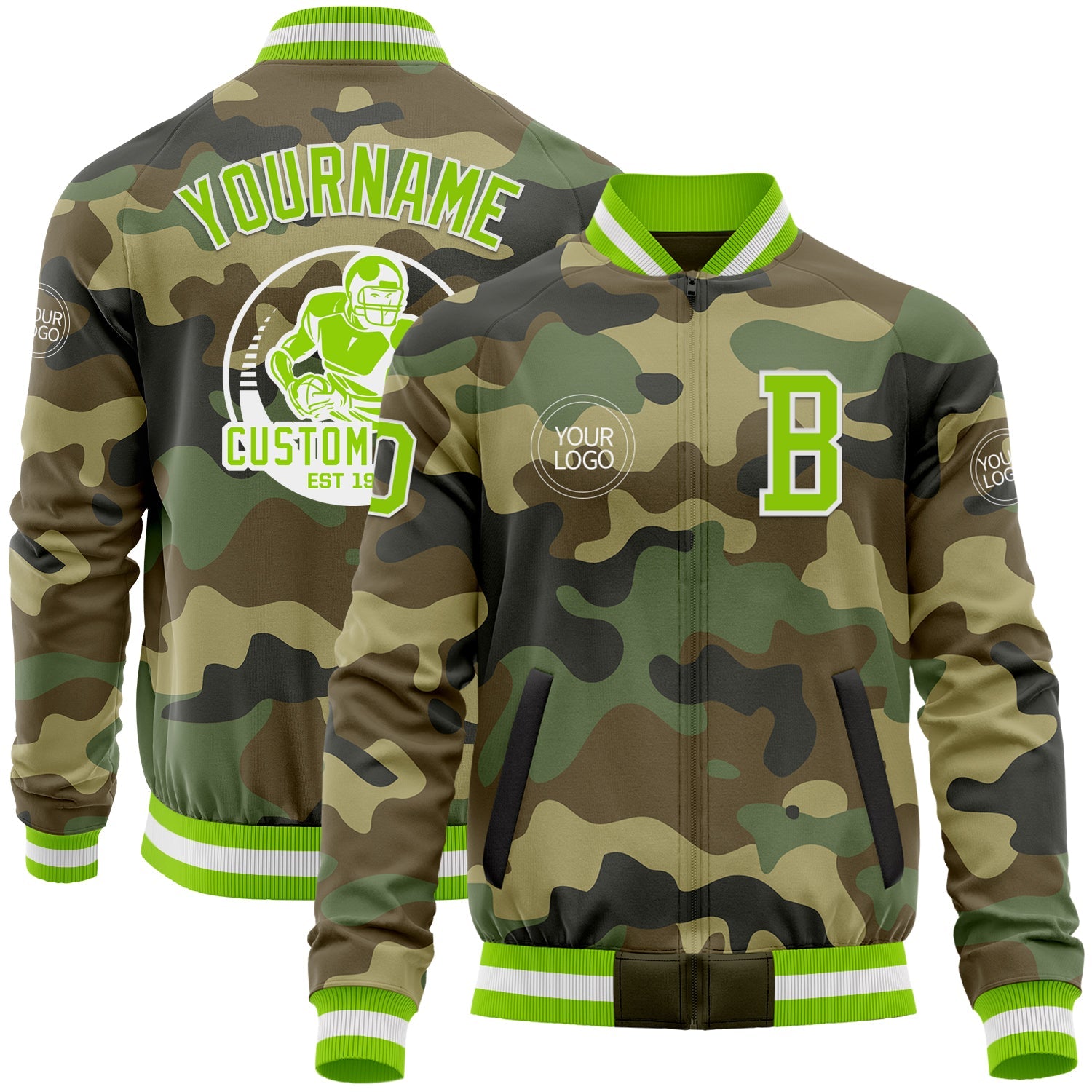 Custom Camo Neon Green-White Bomber Varsity Letterman Salute To Service Zipper Jacket - Main View