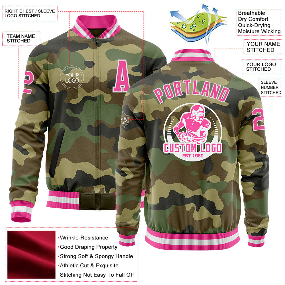 Custom Camo Pink-White Bomber Varsity Letterman Salute To Service Zipper Jacket view 4
