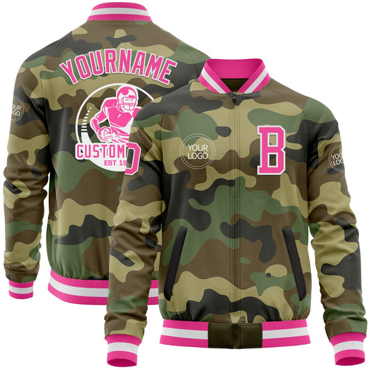Custom Camo Pink-White Bomber Varsity Letterman Salute To Service Zipper Jacket - Main View
