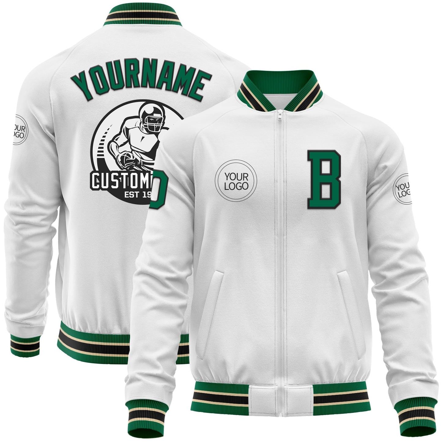 Custom White Kelly Green Black-Cream Bomber Varsity Letterman Zipper Jacket - Main View