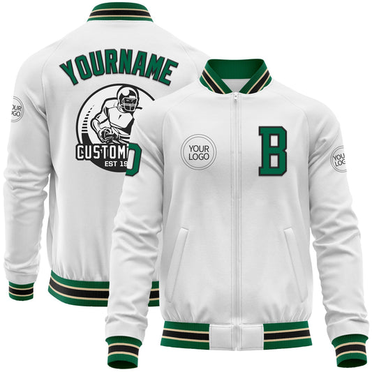 Custom White Kelly Green Black-Cream Bomber Varsity Letterman Zipper Jacket - Main View
